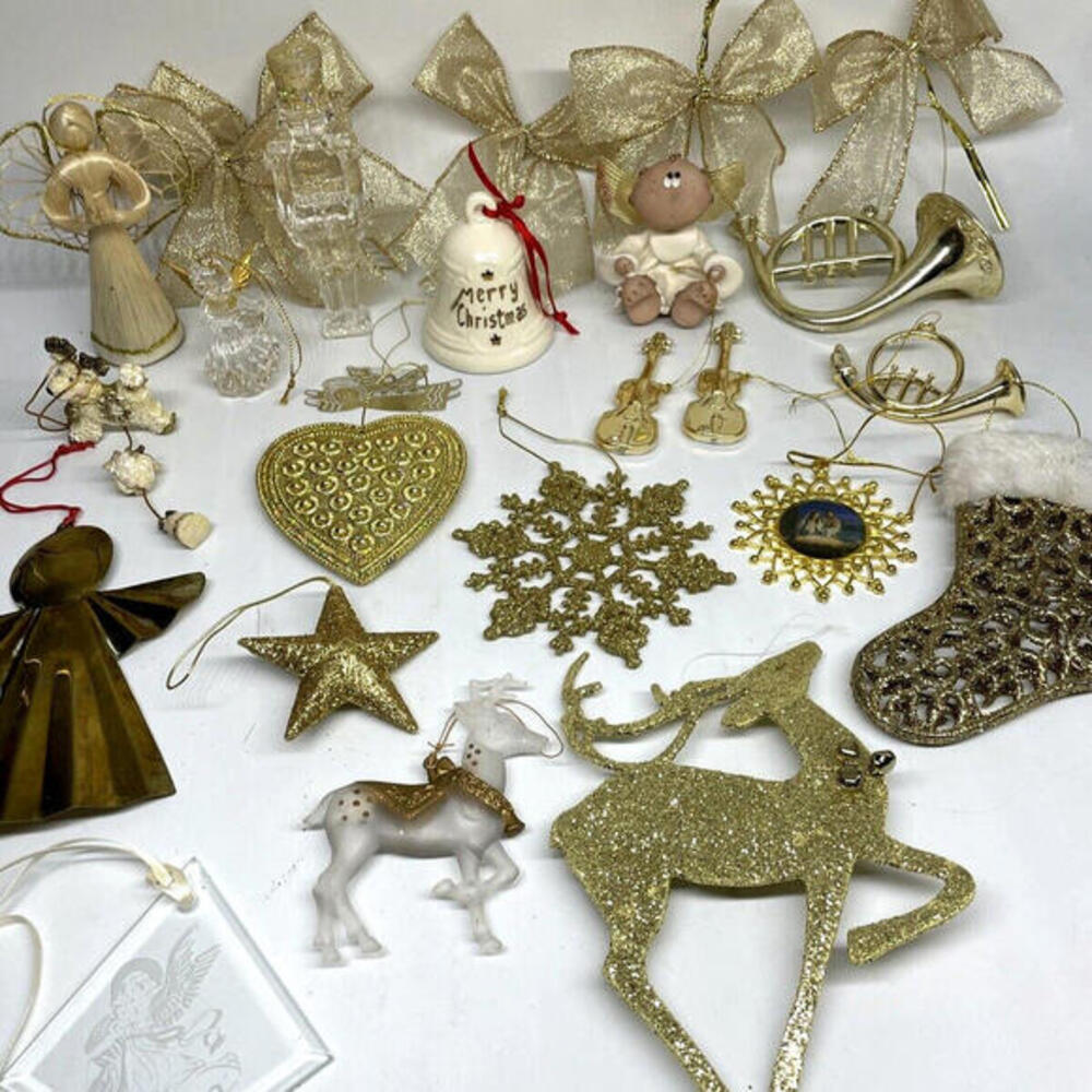 Vintage Gold Christmas Ornaments Mixed Lot 32 Angels Bows Bells Instruments